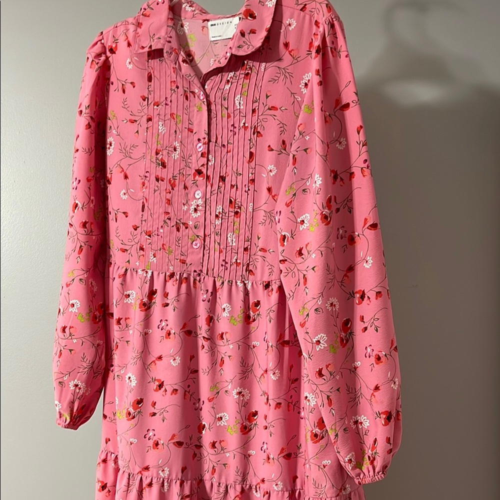 Pink Floral Tiered Long Sleeve Dress